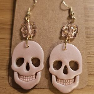 Adorable Handmade Pink Polymer Clay Skull Earrings With Beads And Gold Accents